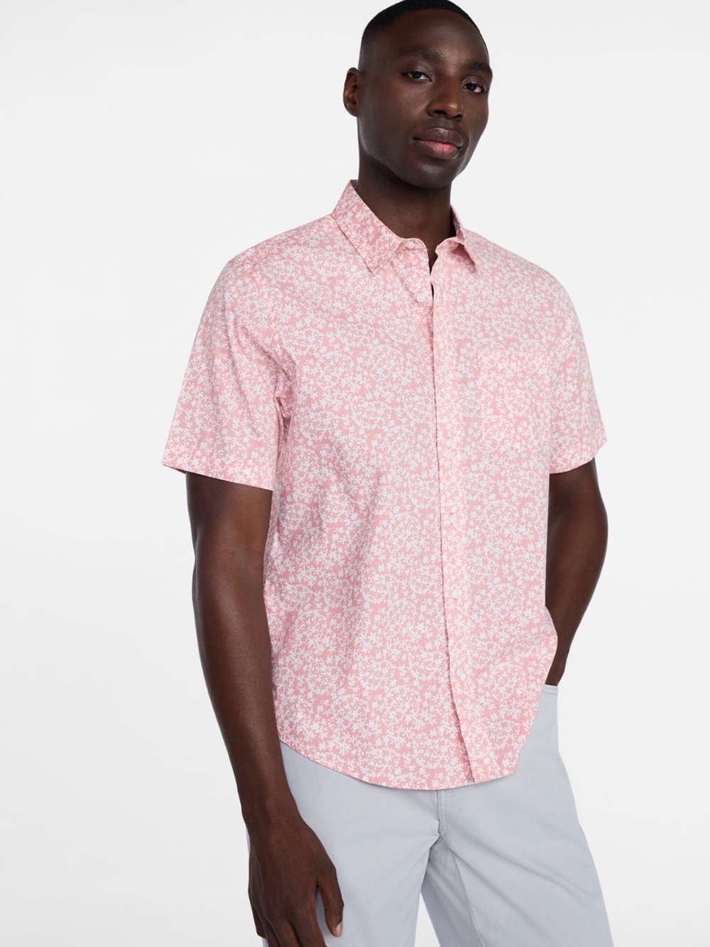George Men’s Large Pink Floral Button Up Shirt Classic‎ Fit Short Sleeve NWT
